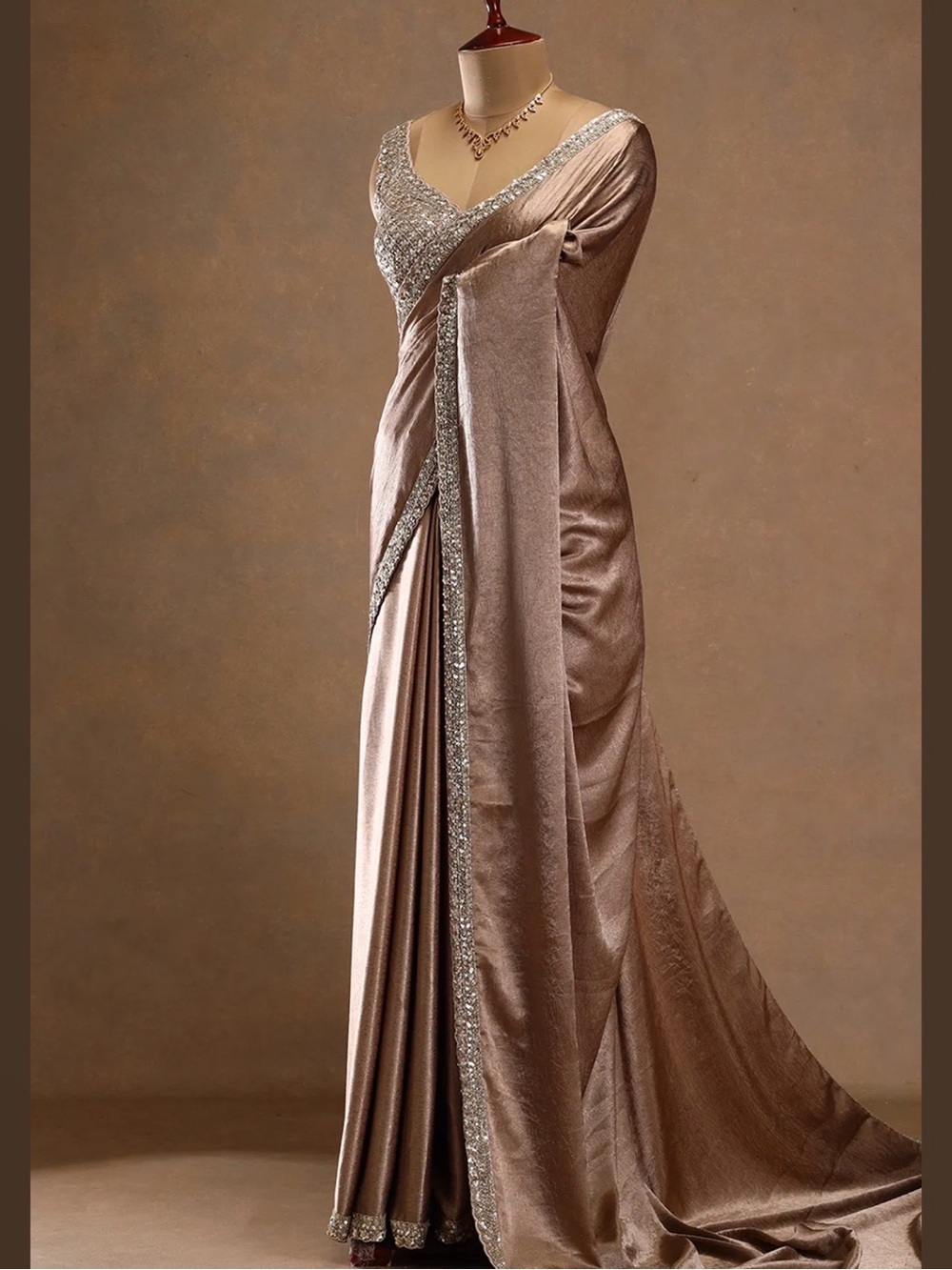 Elegant Beige Satin Saree with Silver Embellished Blouse - Picture 4 of 10